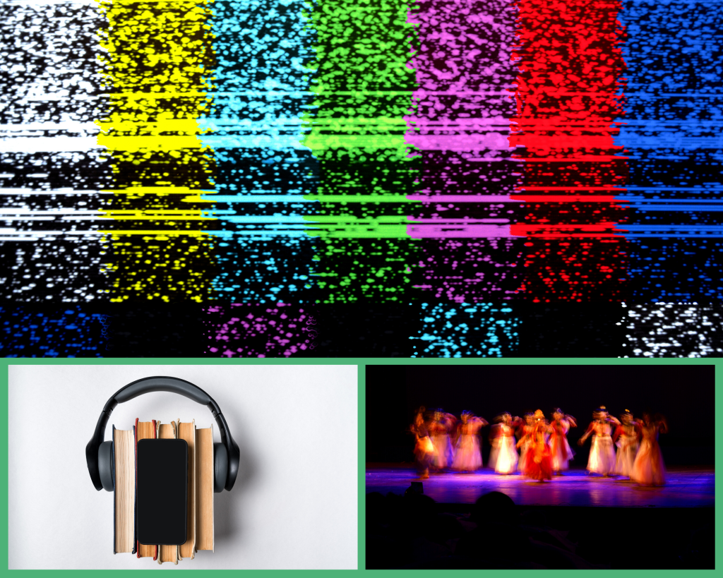 A collage with three images. At top is a fuzzy colour-bar testing card for television with 7 vertical bars of solid colours. Bottom left is a bundle of 4 hardcover books, spine down held upright by padded over-ear headphones. A smartphone rests centred on the books. Bottom right a blurry picture of a distant theatre stage with 10 dancers in long dresses gathered in a semicircle.