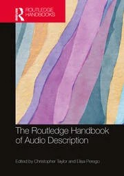 Book Cover for The Routledge Handbook of Audio Description. Abstract vertical stripes of water colour with brown purple and green occupy the top 2 thirds of the black book cover.